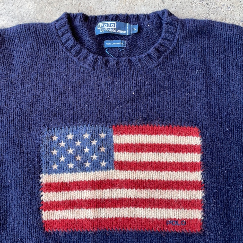 Vintage polo Ralph Lauren American flag sweater lambs wool size large navy blue